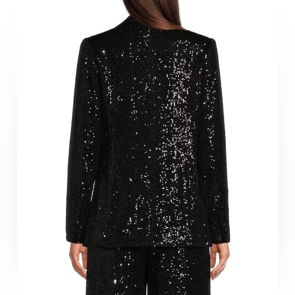 Gibson Latimer Black Sequin Knit Coordinating Long Sleeve Satin Contrast Blazer - Picture 2 of 10